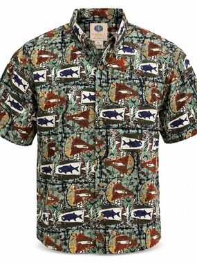 Kahala Men's Green Fish Print Short-Sleeve Button-Down Shirt